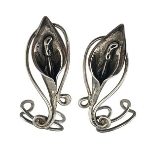 Vintage Modernist Sterling Calla Lily Ear Cuffs Sculptural Floral Wrap Pair